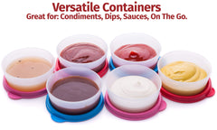 Signora Ware small sauce cups close-up emphasizes leak-proof lids for mess-free travel.