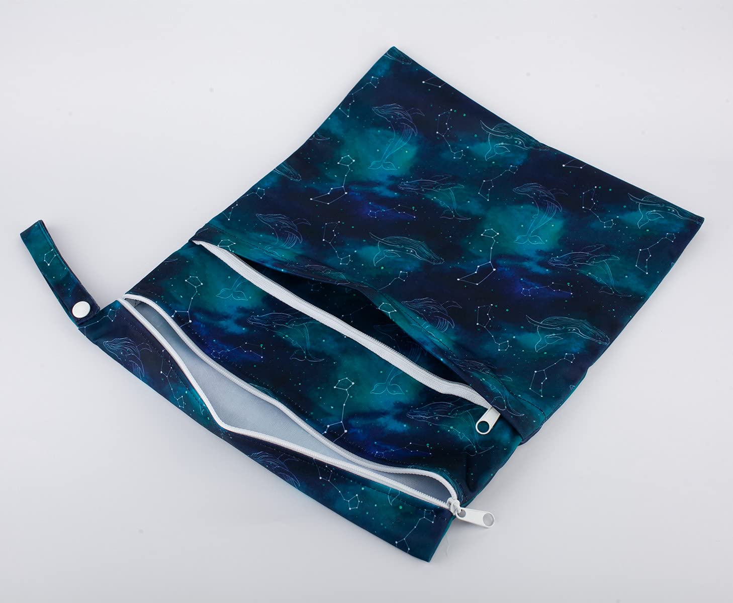 Sigzagor diaper bag with two zip closures separates wet and dry items on outings.