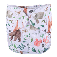 Sigzagor watercolor animals diaper front view, showing adjustable waist for growing kids.