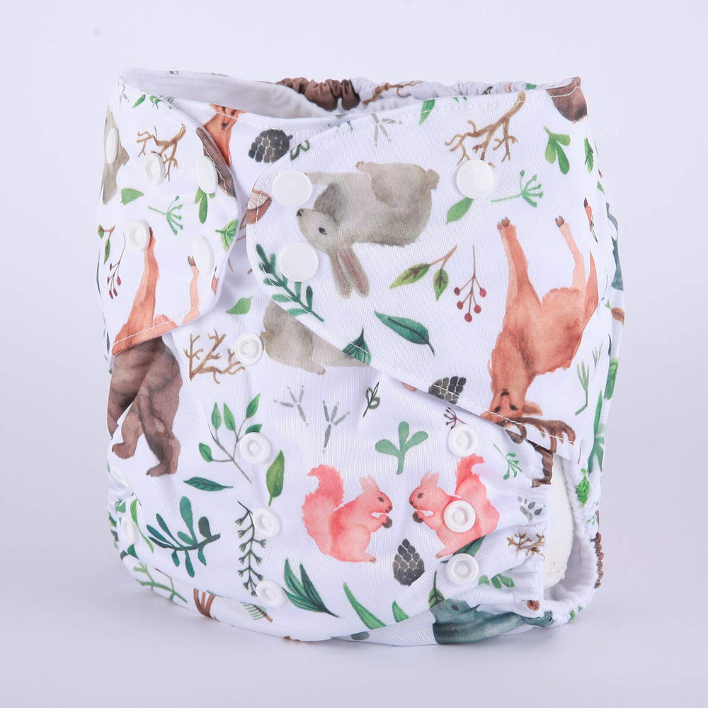 Sigzagor watercolor animals diaper side view highlights breathable PUL outer.