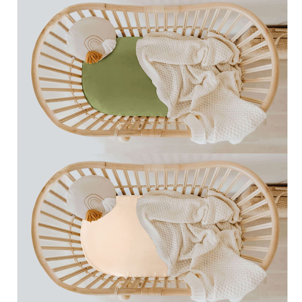Two-color satin bassinet sheet set ready for easy nursery styling