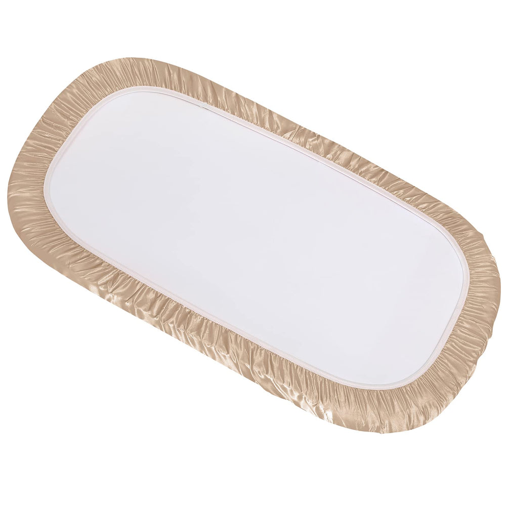 Beige and sage green sheets suit hourglass, oval, and rectangular bassinet shapes