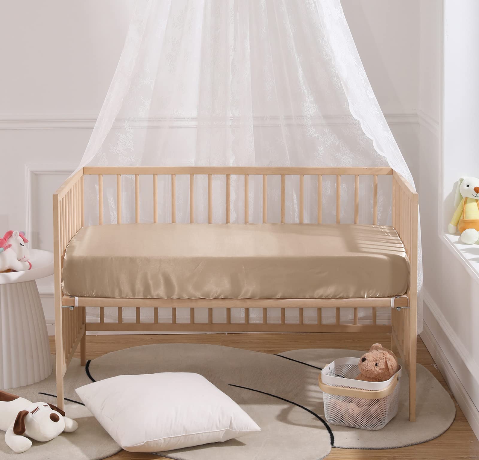 SiinvdaBZX satin mini crib sheet beige packaging, ready to gift.