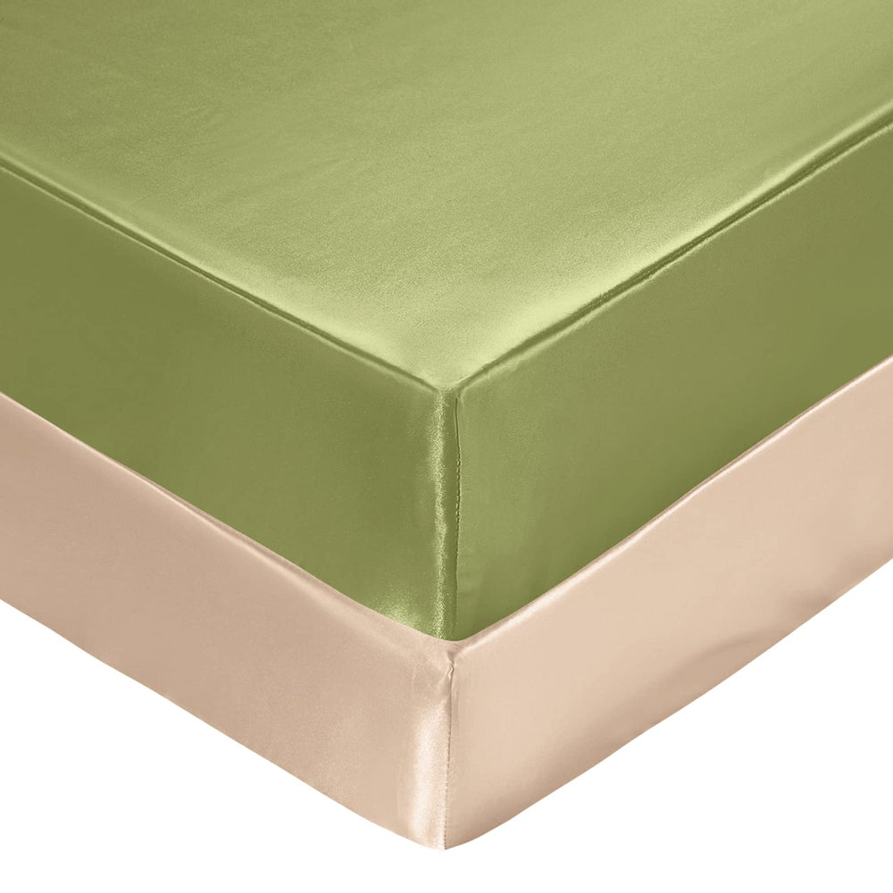 SiinvdaBZX satin mini crib sheet sage green top view, gentle touch.
