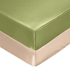 SiinvdaBZX satin mini crib sheet sage green top view, gentle touch.