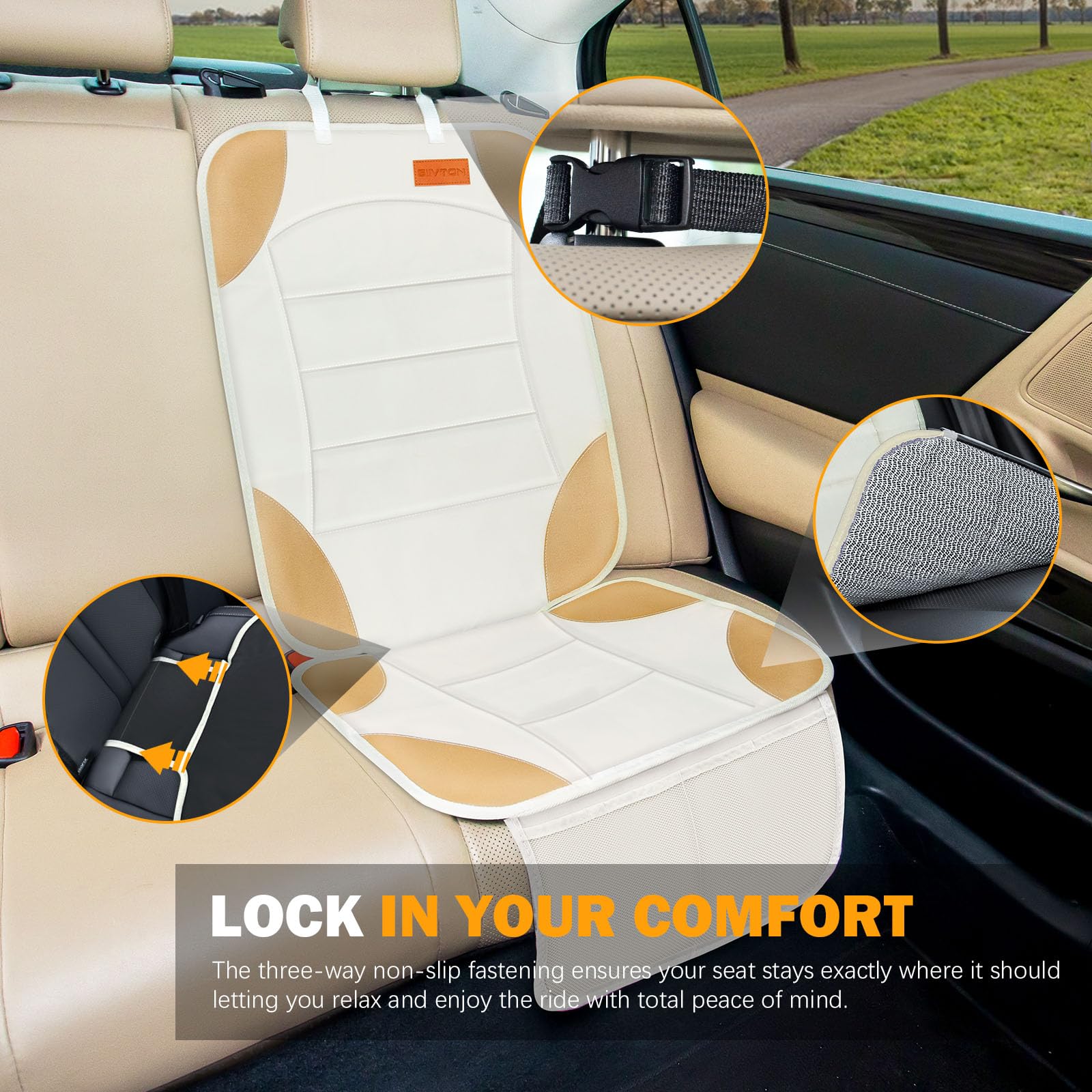 Siivton car seat protector rear view shows straps for secure fit.