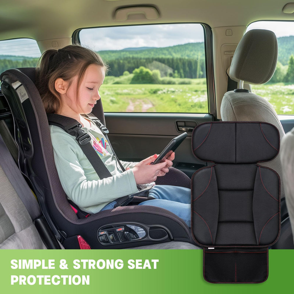 Siivton car seat protector in use with a child on a backseat trip.