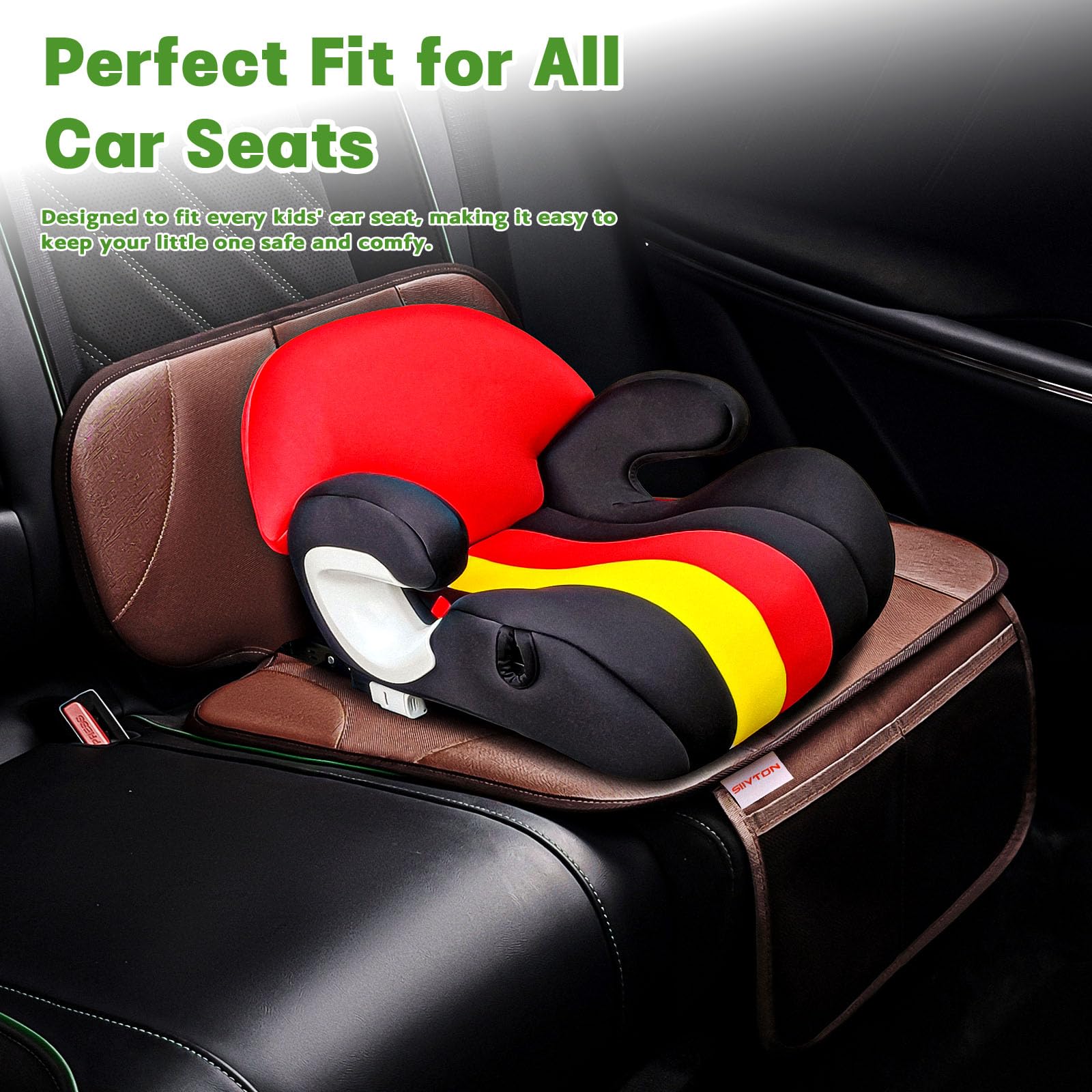 Siivton car seat protector prevents seat indentations and wear from child car seats.