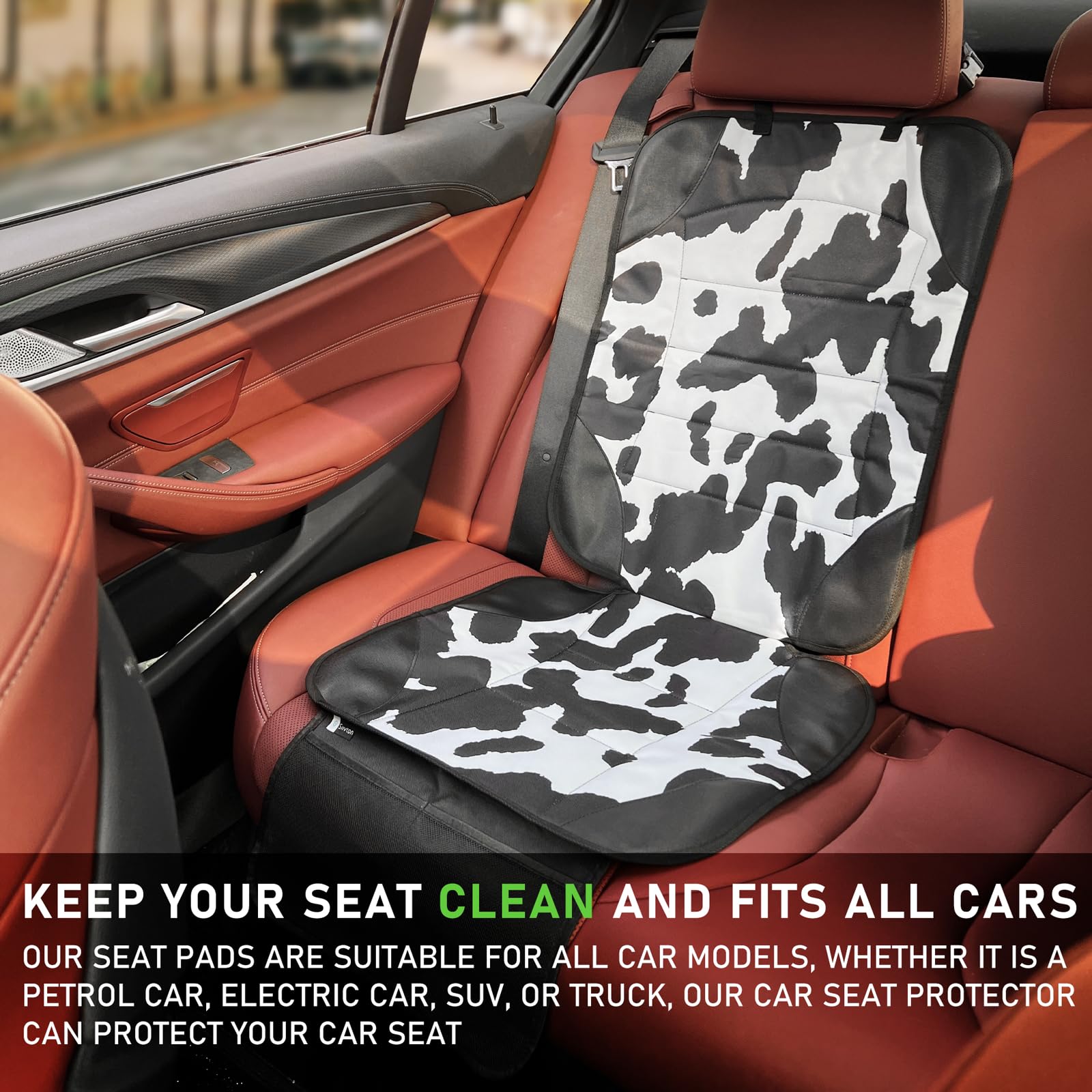 Siivton cow print car seat cover back view shows anti-slip backing for secure placement