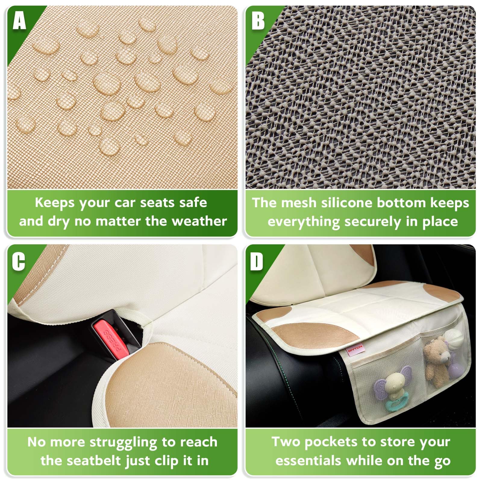 Siivton protector features two mesh pockets for toys and snacks.