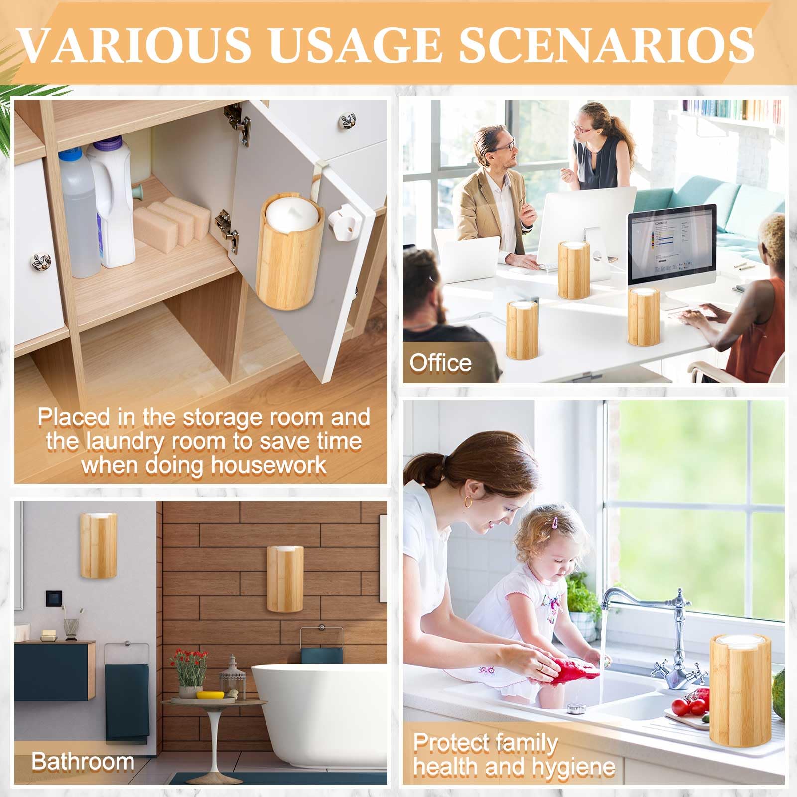 SiliFine bamboo wipes dispenser on desk or countertop enhances decluttering and accessibility.