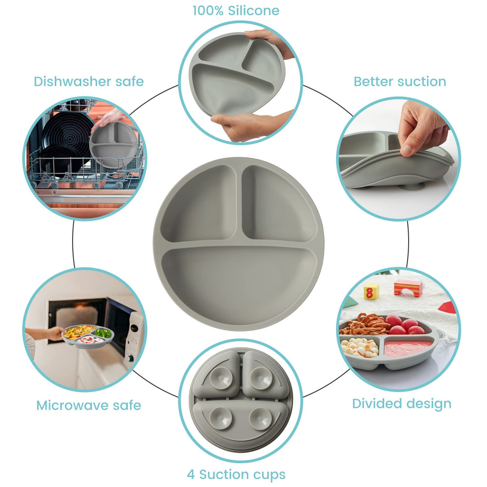 Silikong suction plate on a high chair keeps toddlers secure and focused.