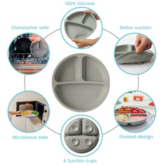 Silikong suction plate on a high chair keeps toddlers secure and focused.