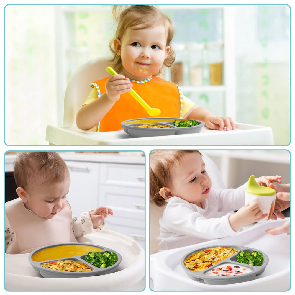 Silikong soft-surface silicone plate feels comfortable for little fingers.