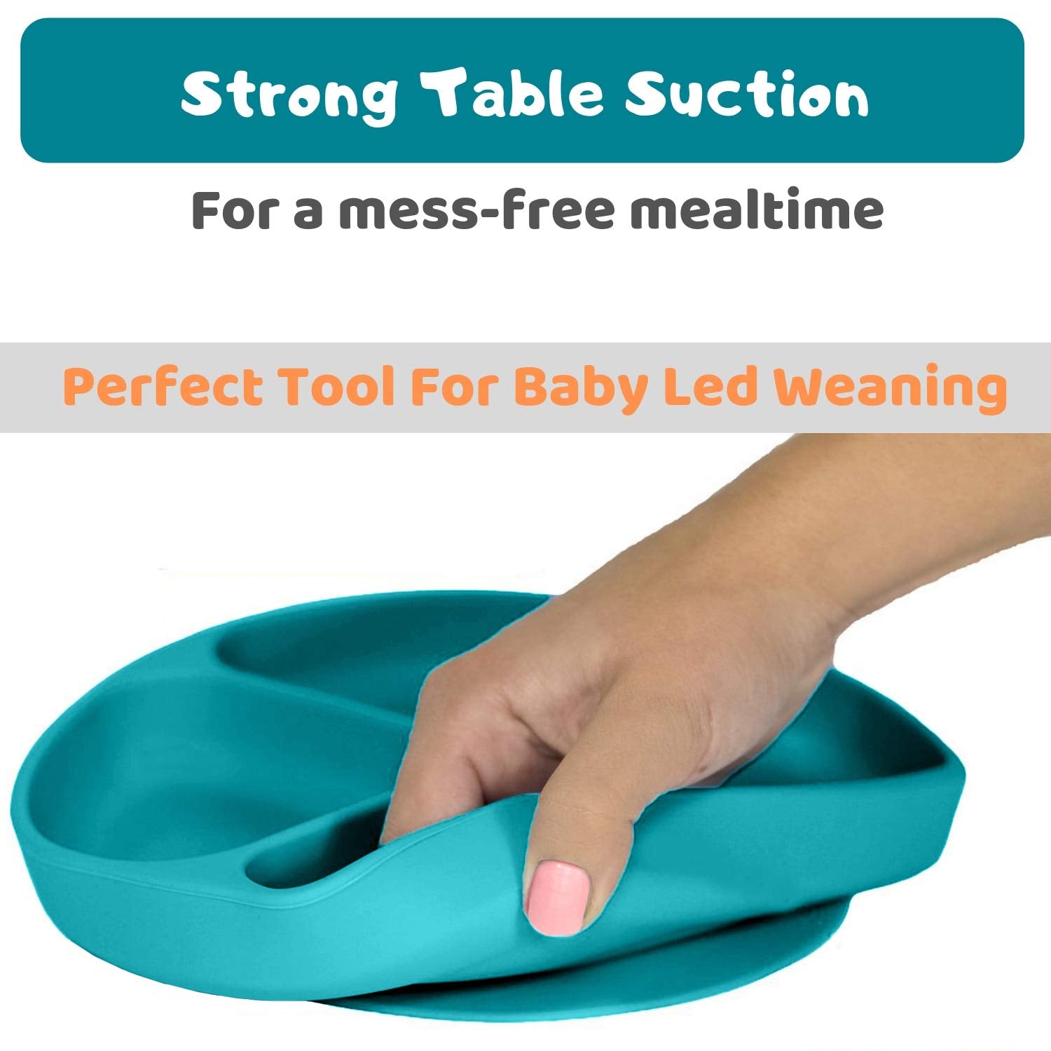 Silikong suction plate used during baby-led weaning encourages independent self-feeding.