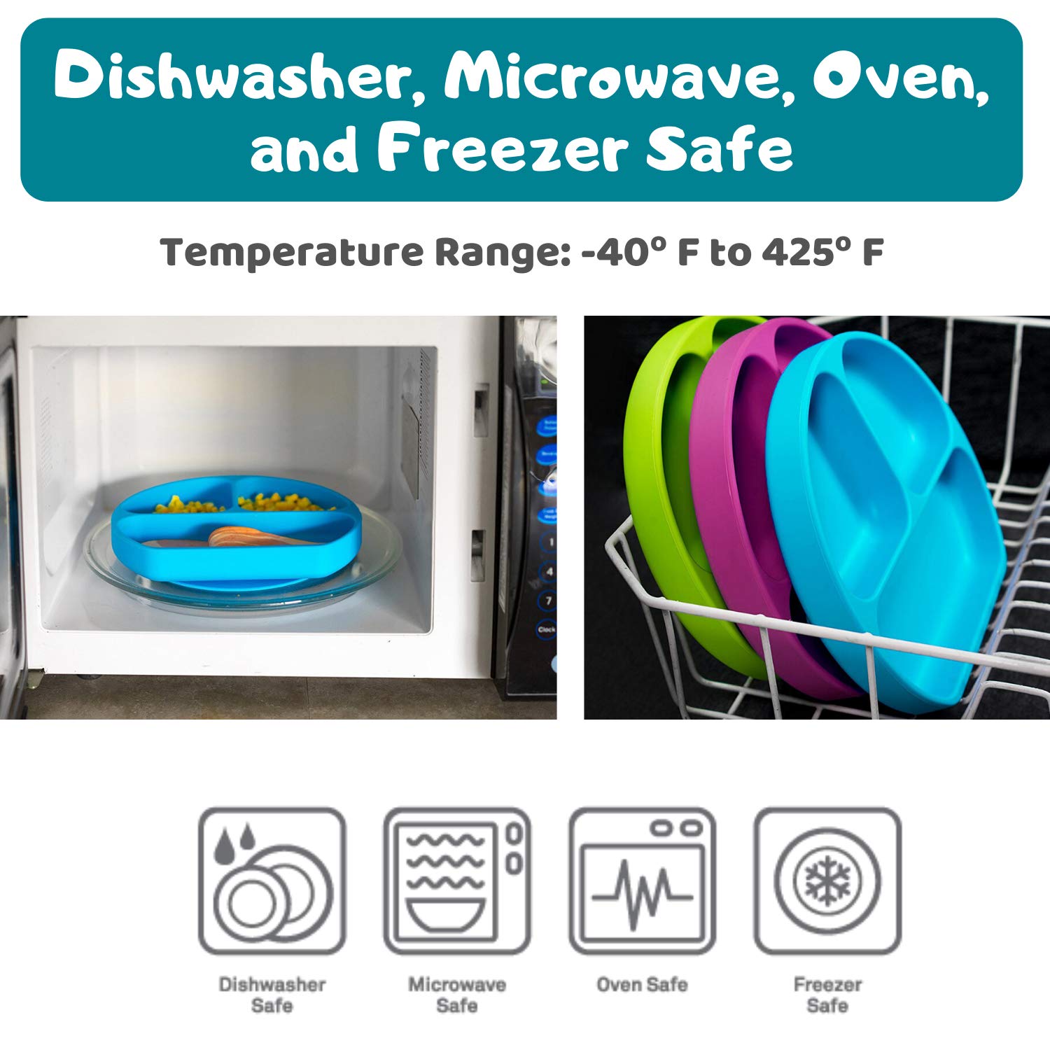 Silikong suction plate demonstrates dishwasher-safe ease after meals.