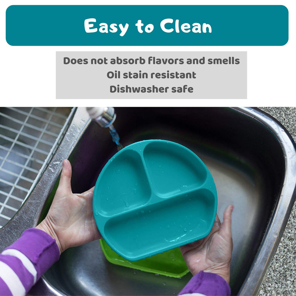Silikong suction plate highlights oven-safe versatility for warm snacks.