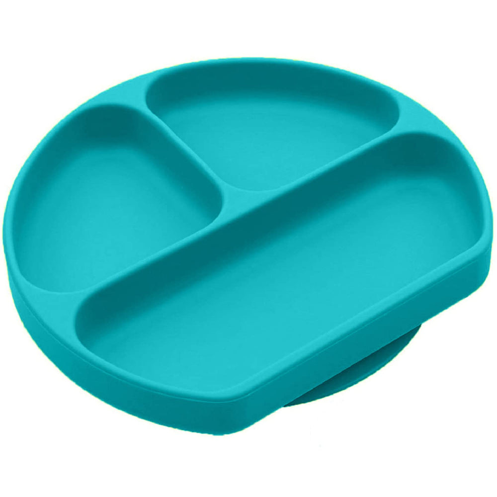 Silikong suction plate with suction base on a tray enables mess-free meals.