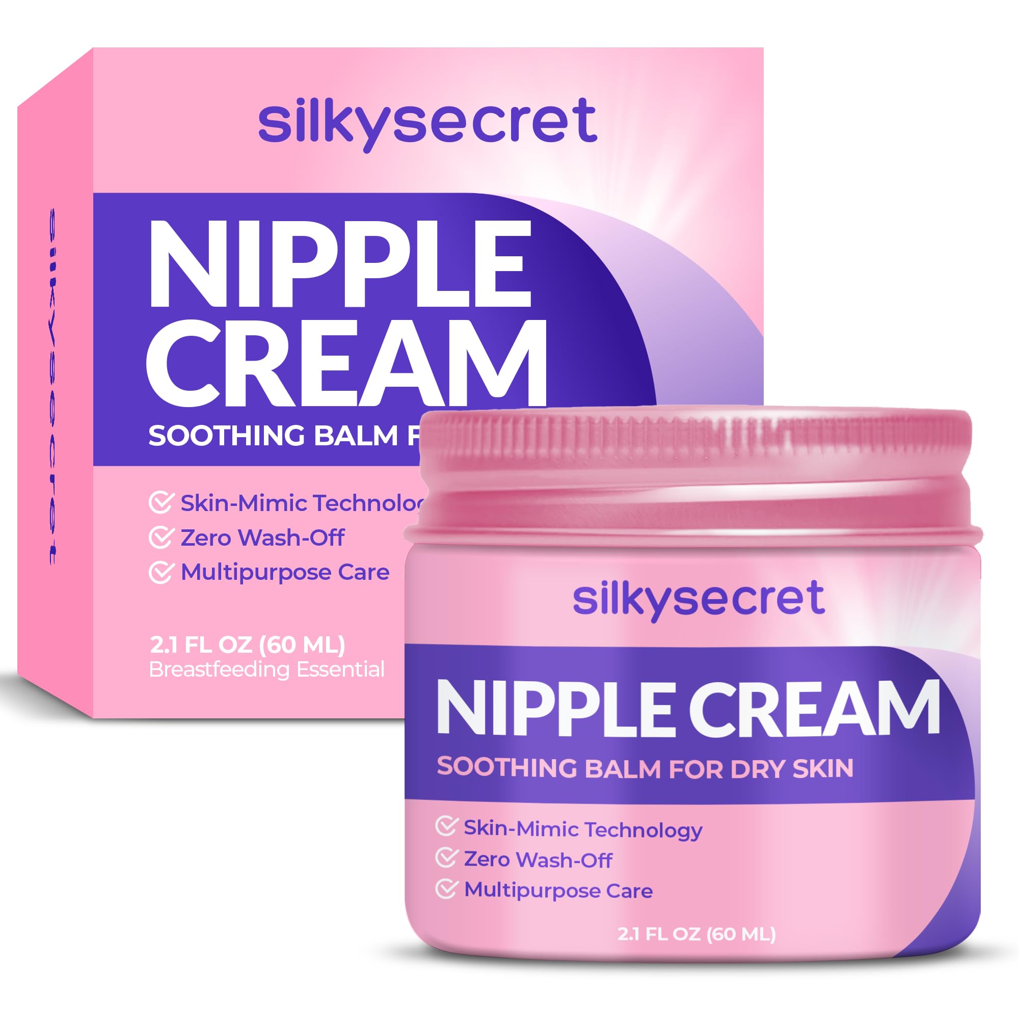 SilkySecret Nipple Cream jar 2oz demonstrates convenient nursing comfort.