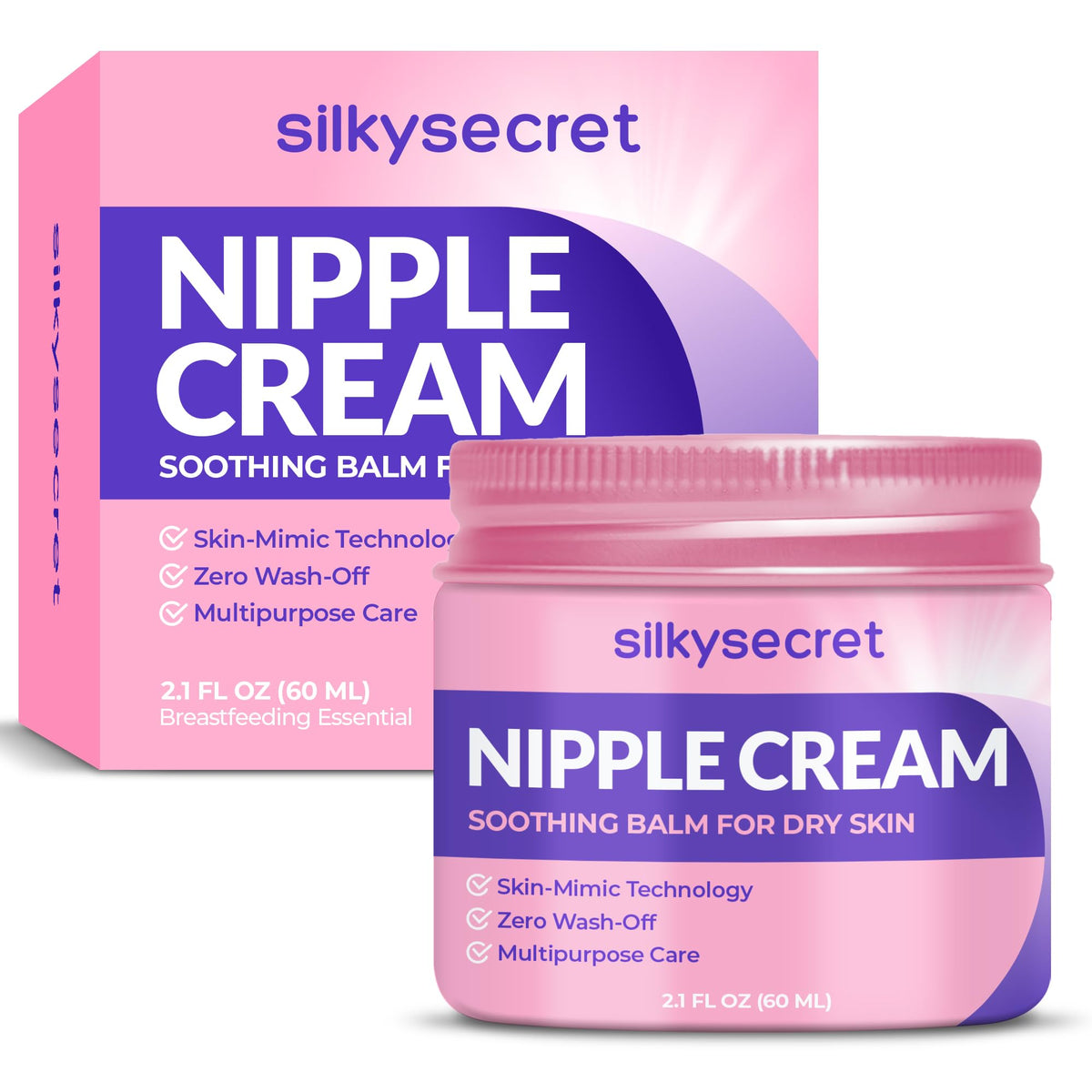 SilkySecret Nipple Cream jar 2oz demonstrates convenient nursing comfort.