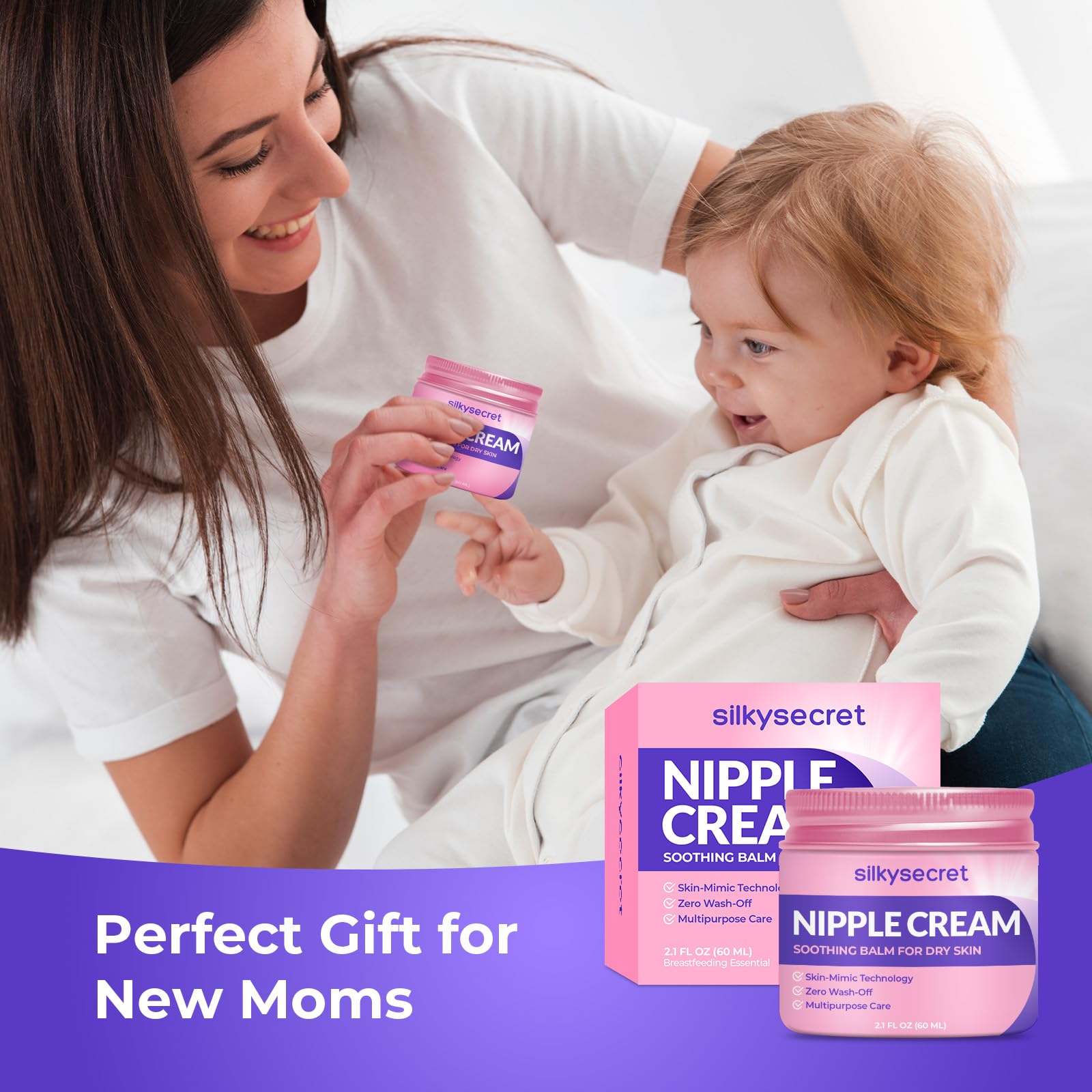 SilkySecret Nipple Cream packaging box demonstrates gift-ready postpartum care.