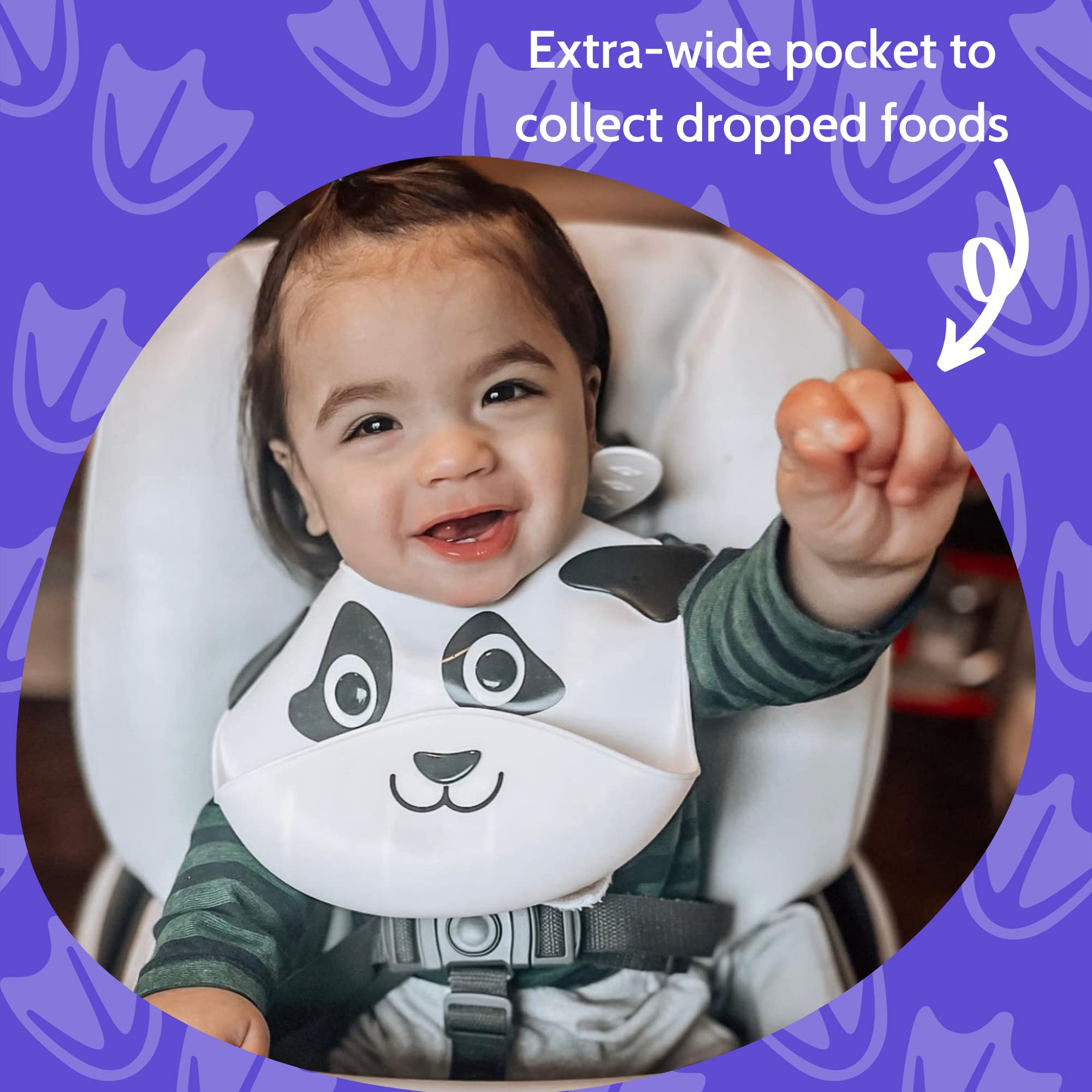 Silly Goose Panda Bib's soft silicone feels gentle on baby skin.