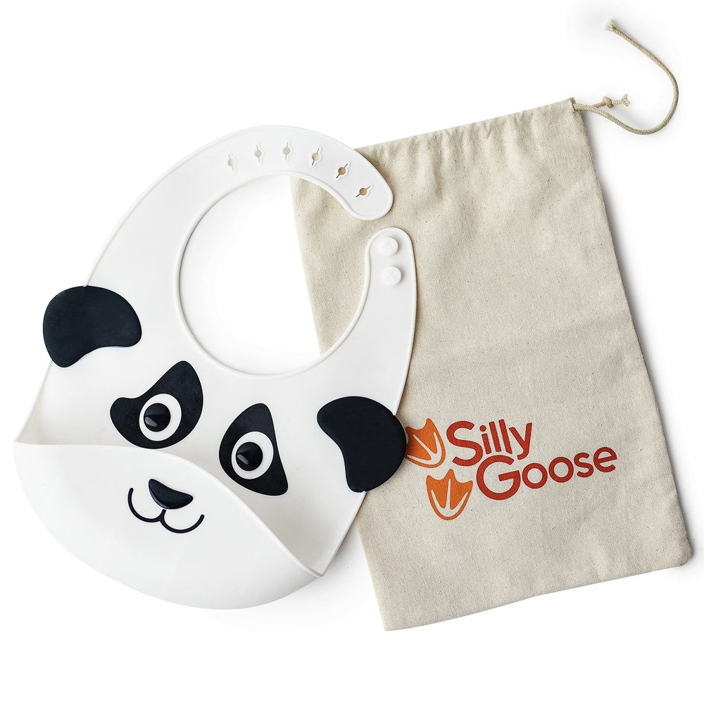 Silly Goose Panda Bib close-up shows waterproof silicone that keeps outfits clean.