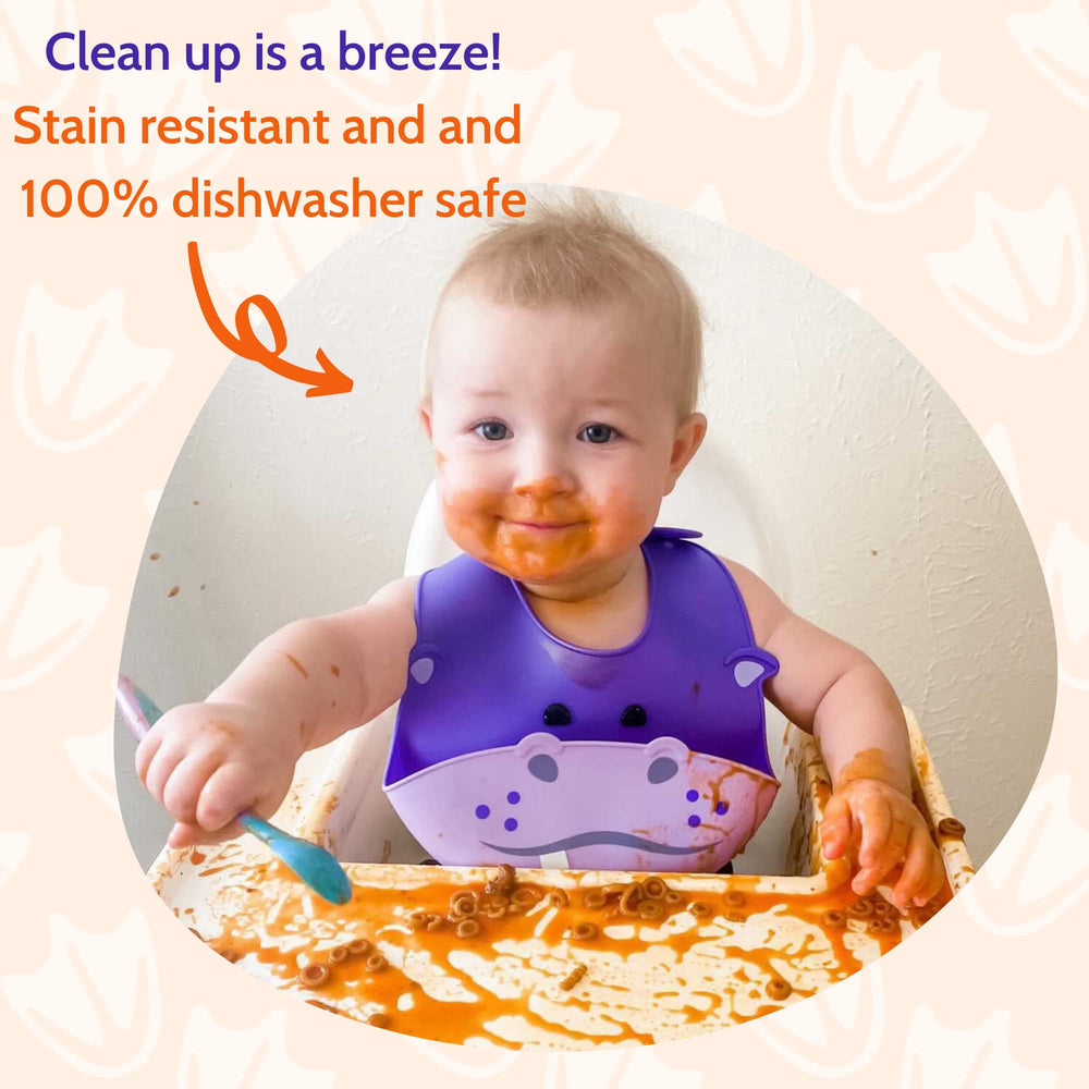 Silly Goose hippo bib pocket wide food catcher keeps crumbs off clothes