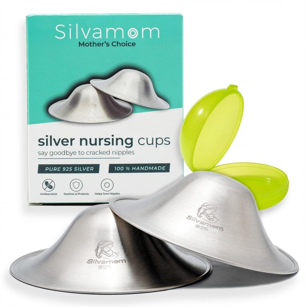 Silvamom Silver Nursing Cups hero shot with compact secure-fit design