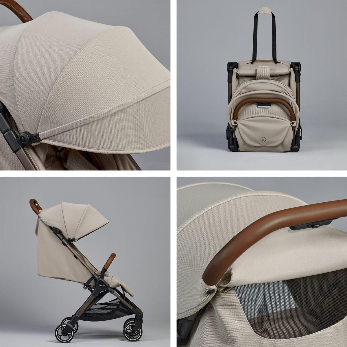 Silver Cross Clic compact fold in latte stands for easy travel and home storage.