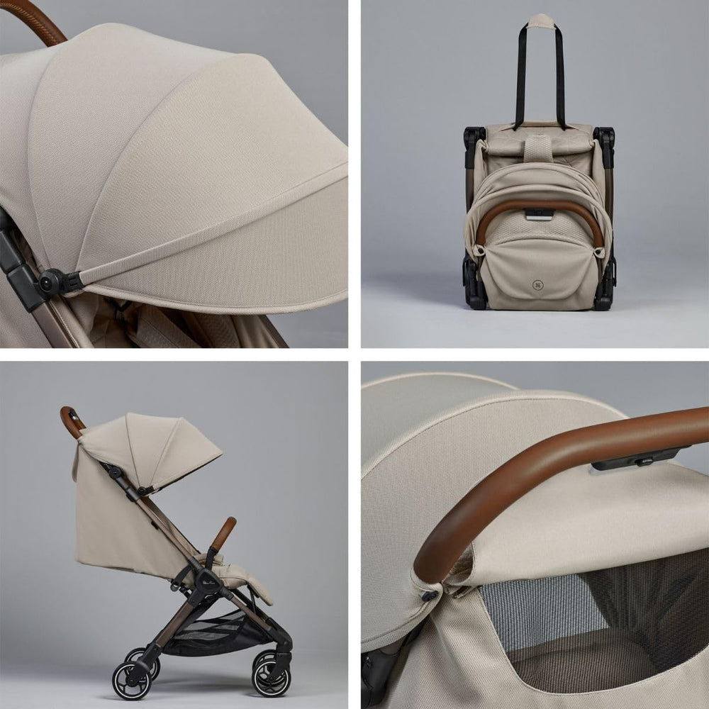 Silver Cross Clic compact fold in latte stands for easy travel and home storage.