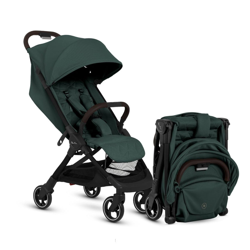 Silver Cross Clic folded in Conifer for compact travel storage.