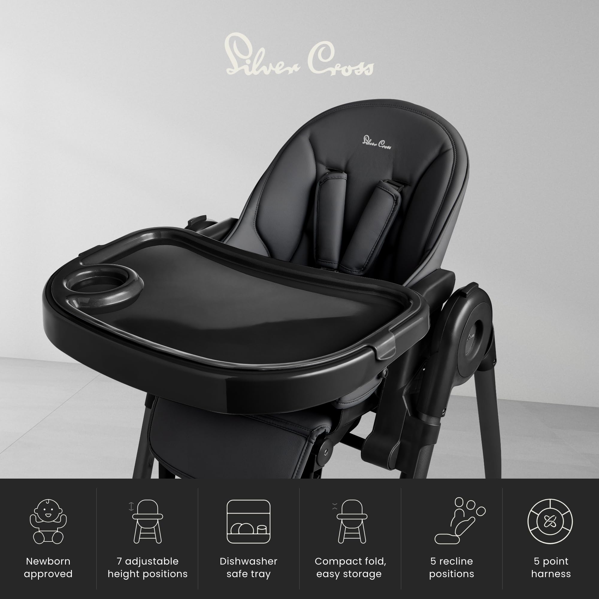 Silver Cross Gourmet high chair 5-point harness promotes secure seating for active babies