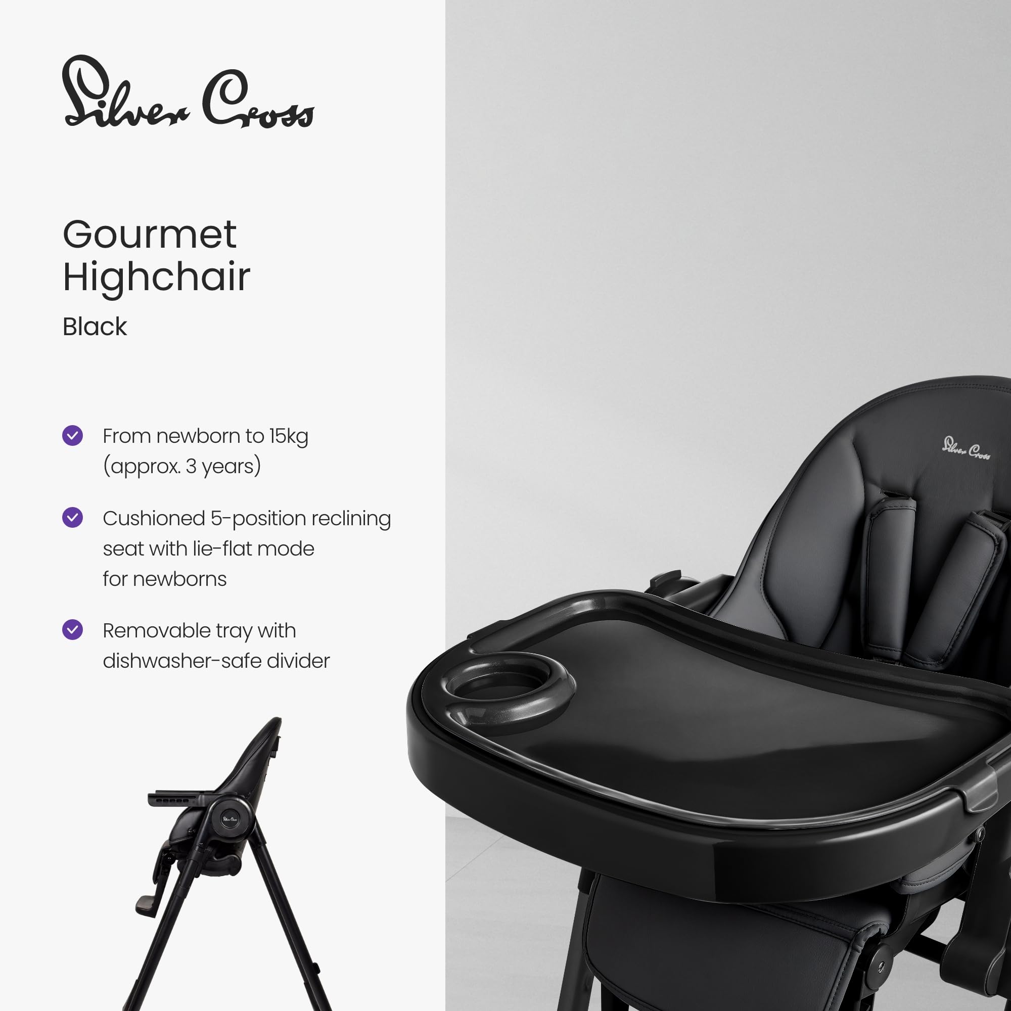 Silver Cross Gourmet high chair shows 7-height positions for growing toddlers and versatile feeding