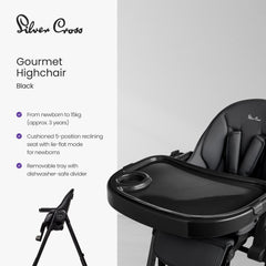 Silver Cross Gourmet high chair shows 7-height positions for growing toddlers and versatile feeding