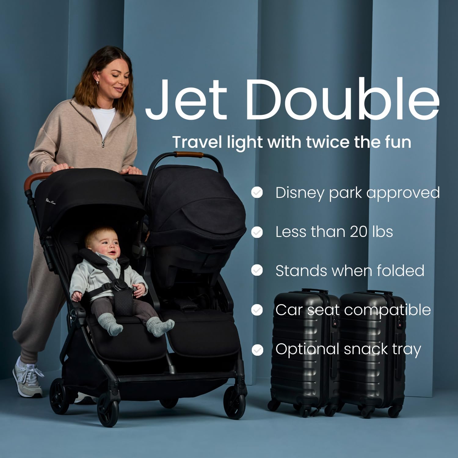 Silver Cross Jet Double all-terrain wheels handle parks and streets smoothly.