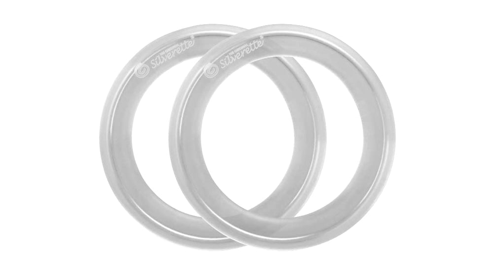 Silverette O-Feel rings on a cup in action, demonstrating adjustable fit.