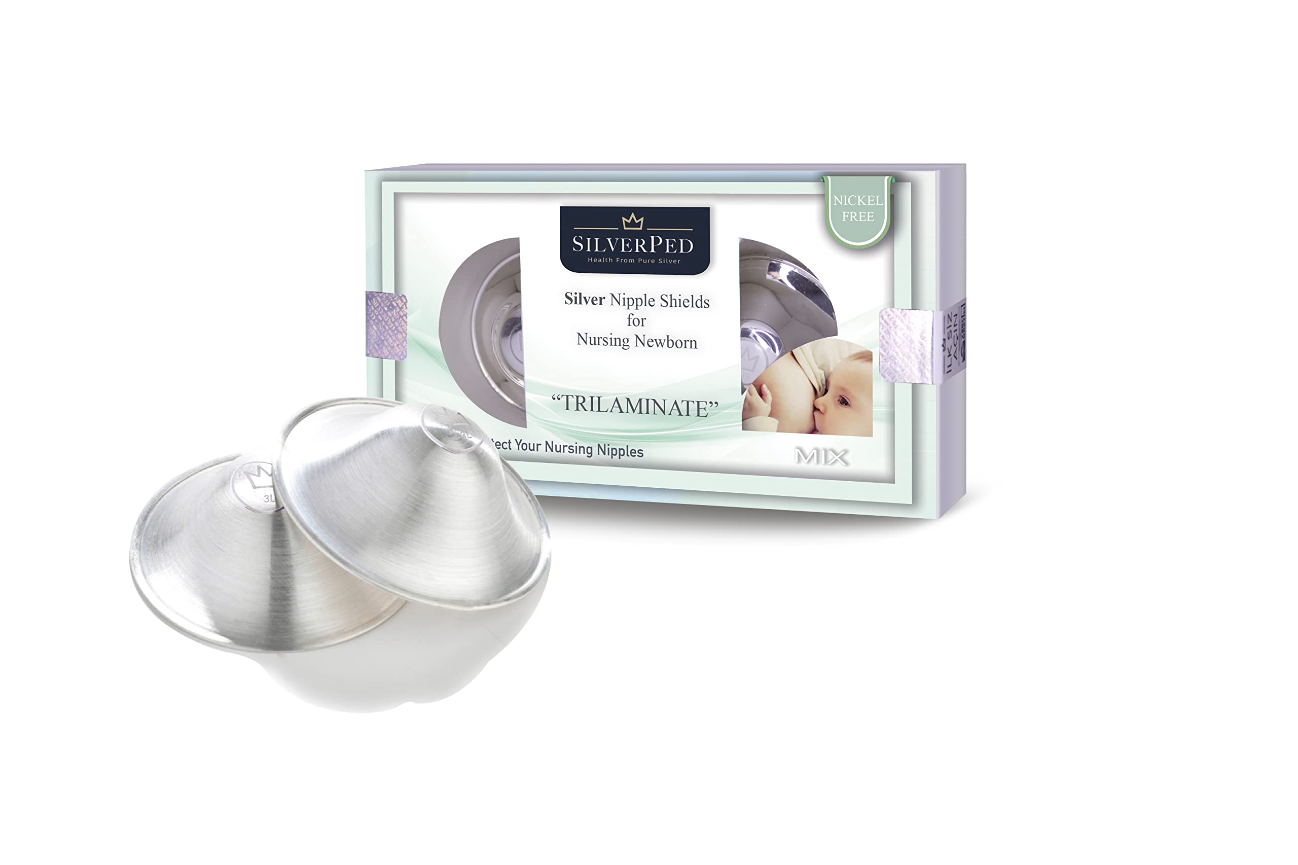 SilverPed packaging with nursing cups, eco-friendly and gift-ready.