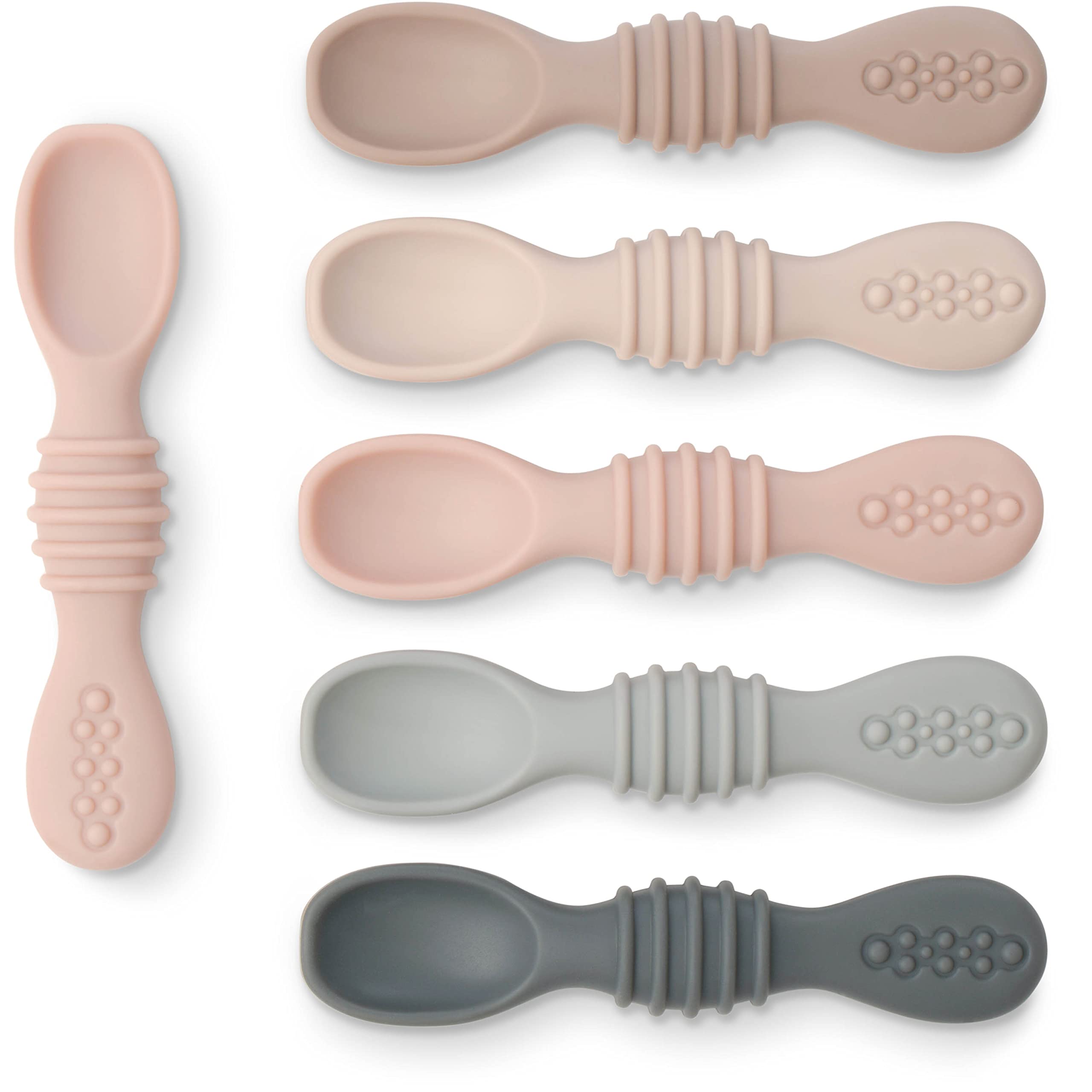 Simka Rose silicone baby spoons pack shows a soft bowl for first feeds.