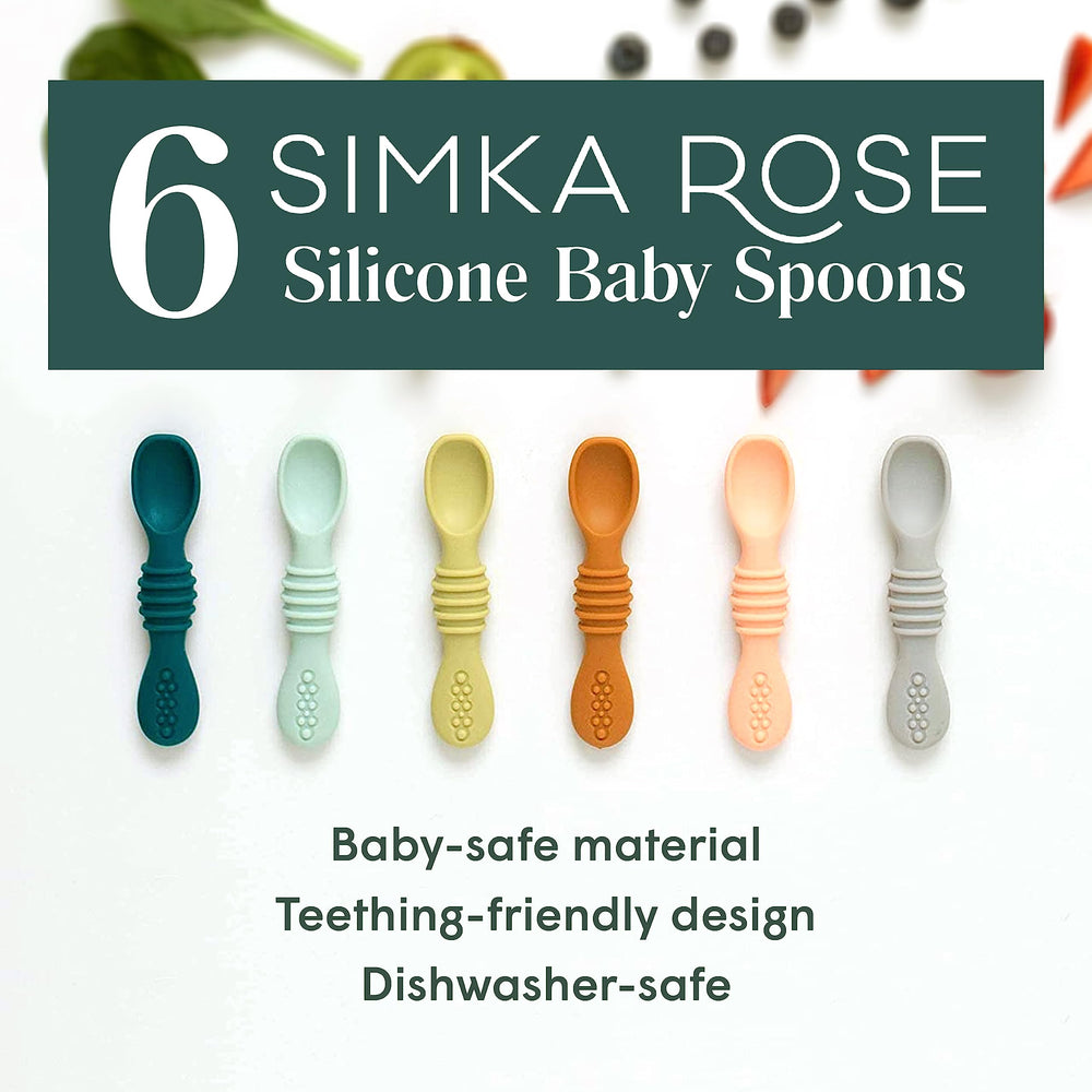 Simka Rose silicone baby spoons with ribbed handle aid tiny hands.