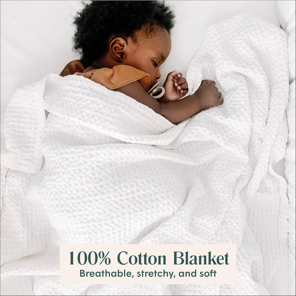 Simka Rose waffle baby blanket in stroller scene highlighting breathable fabric for comfort.