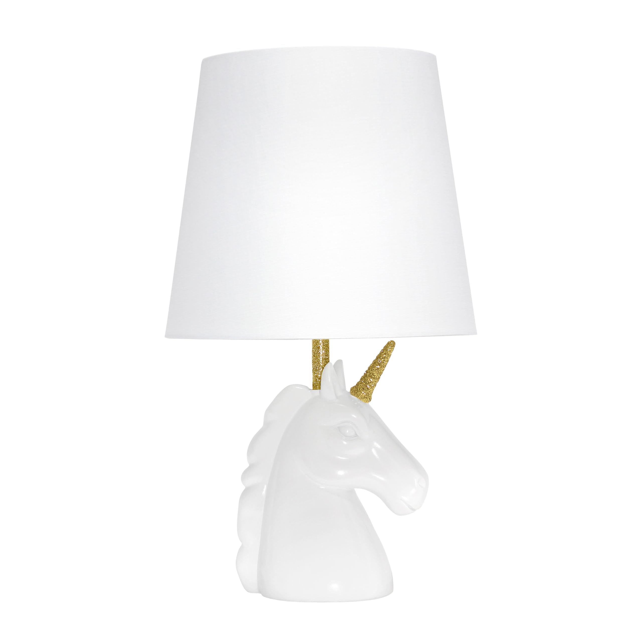 Simple Designs LT1078-GLD unicorn lamp base with glitter finish adds playful decor.