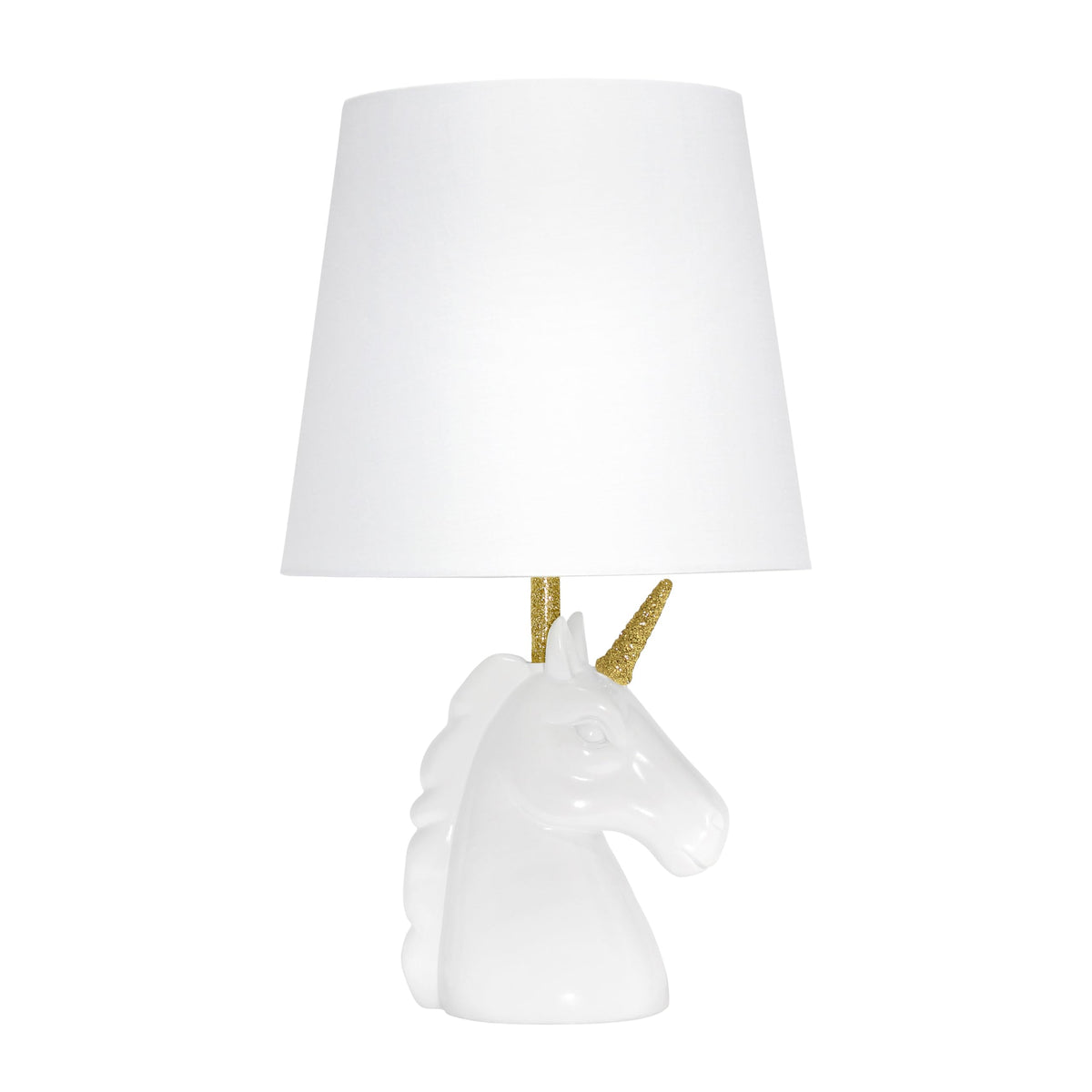 Simple Designs LT1078-GLD unicorn lamp base with glitter finish adds playful decor.