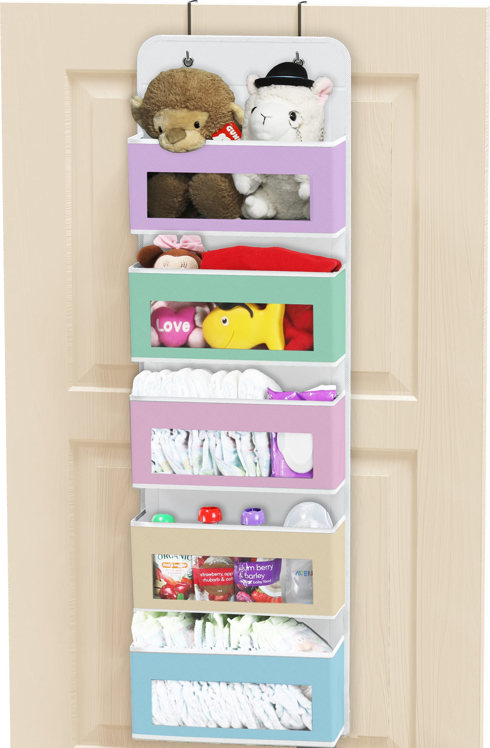 Simple Houseware 5-pocket door organizer hanging over a door for clutter-free bathroom storage.