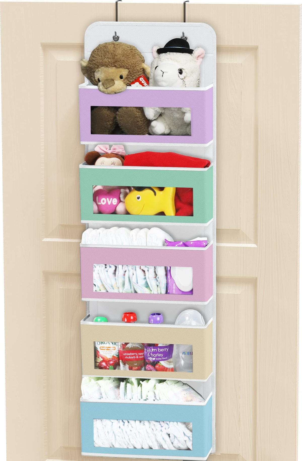 Simple Houseware 5-pocket door organizer hanging over a door for clutter-free bathroom storage.