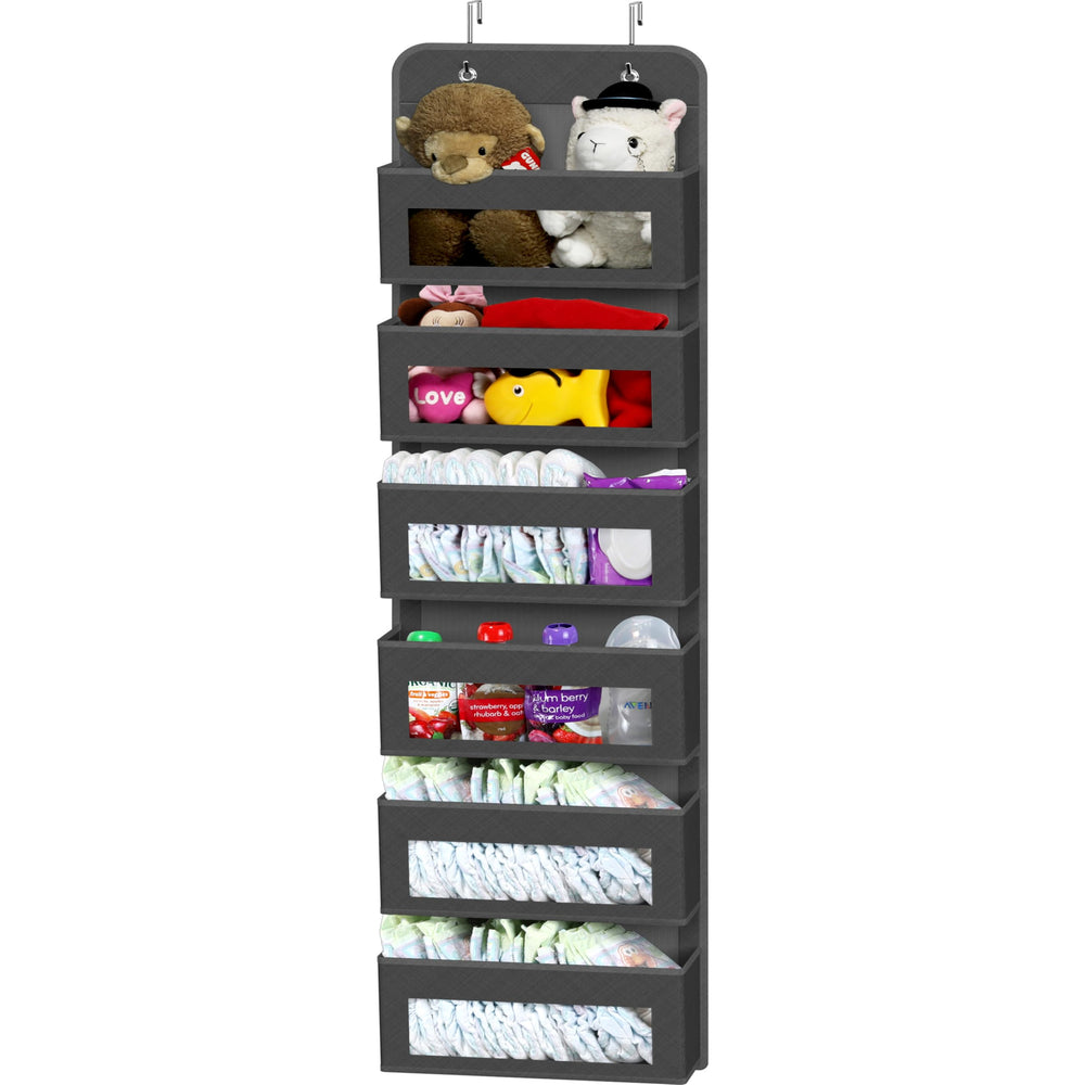 Simple Houseware 6-pocket door organizer on door for clutter-free storage.