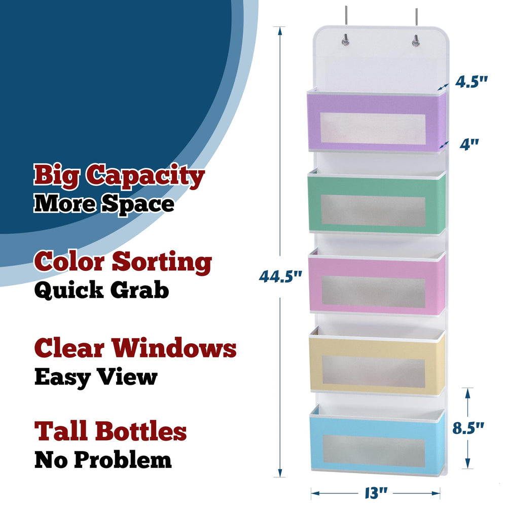 Simple Houseware closet-door organizer installed, showing easy accessibility via tall-item pockets.