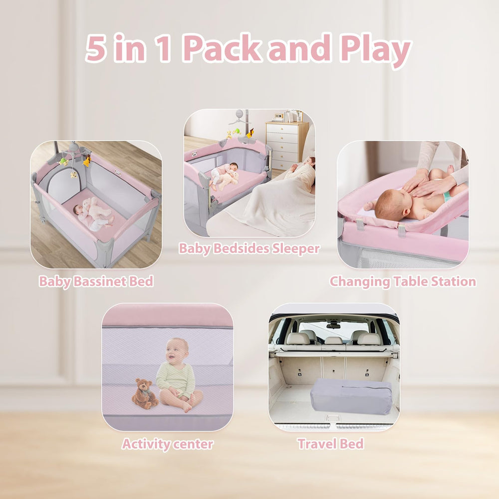 SIMPLGIRL bedside bassinet adjustment shows 3 levels for different heights.