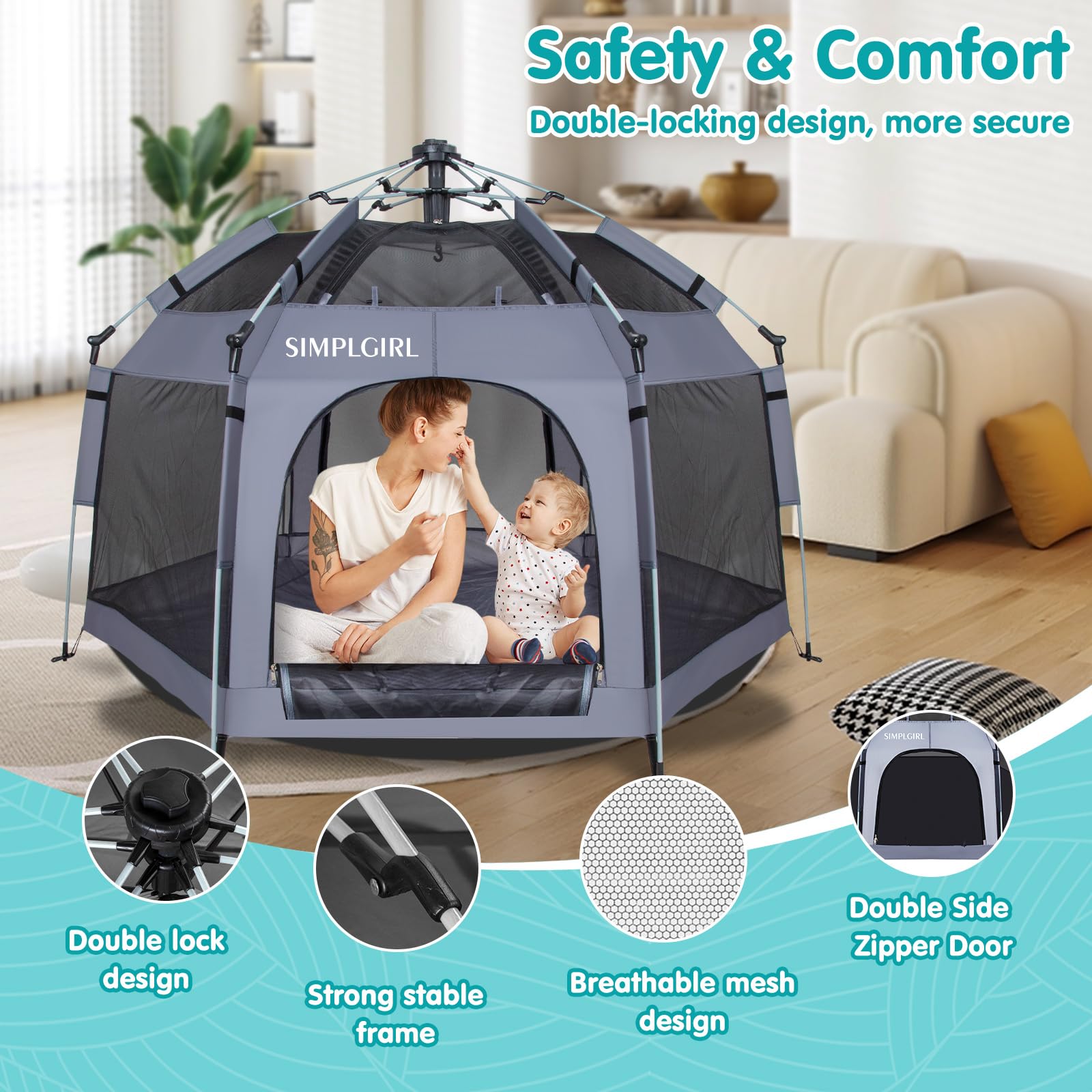 SIMPLGIRL Premium Playpen lightweight design supports on-the-go parenting.
