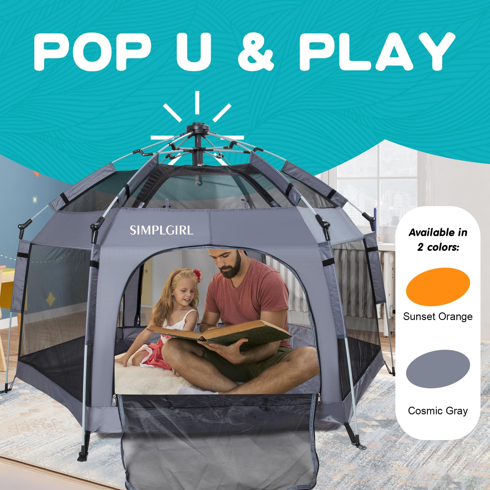 SIMPLGIRL Premium Playpen pop-up quick-assembly for stress-free setup.